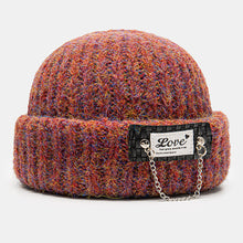 Load image into Gallery viewer, Unisex Mixed Color Knitted Letter Patch Chain Decoration Warmth Flanging Brimless Beanie Hat Docker Cap
