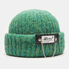 Load image into Gallery viewer, Unisex Mixed Color Knitted Letter Patch Chain Decoration Warmth Flanging Brimless Beanie Hat Docker Cap