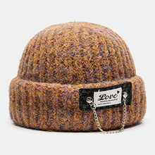 Load image into Gallery viewer, Unisex Mixed Color Knitted Letter Patch Chain Decoration Warmth Flanging Brimless Beanie Hat Docker Cap
