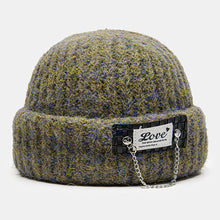 Load image into Gallery viewer, Unisex Mixed Color Knitted Letter Patch Chain Decoration Warmth Flanging Brimless Beanie Hat Docker Cap