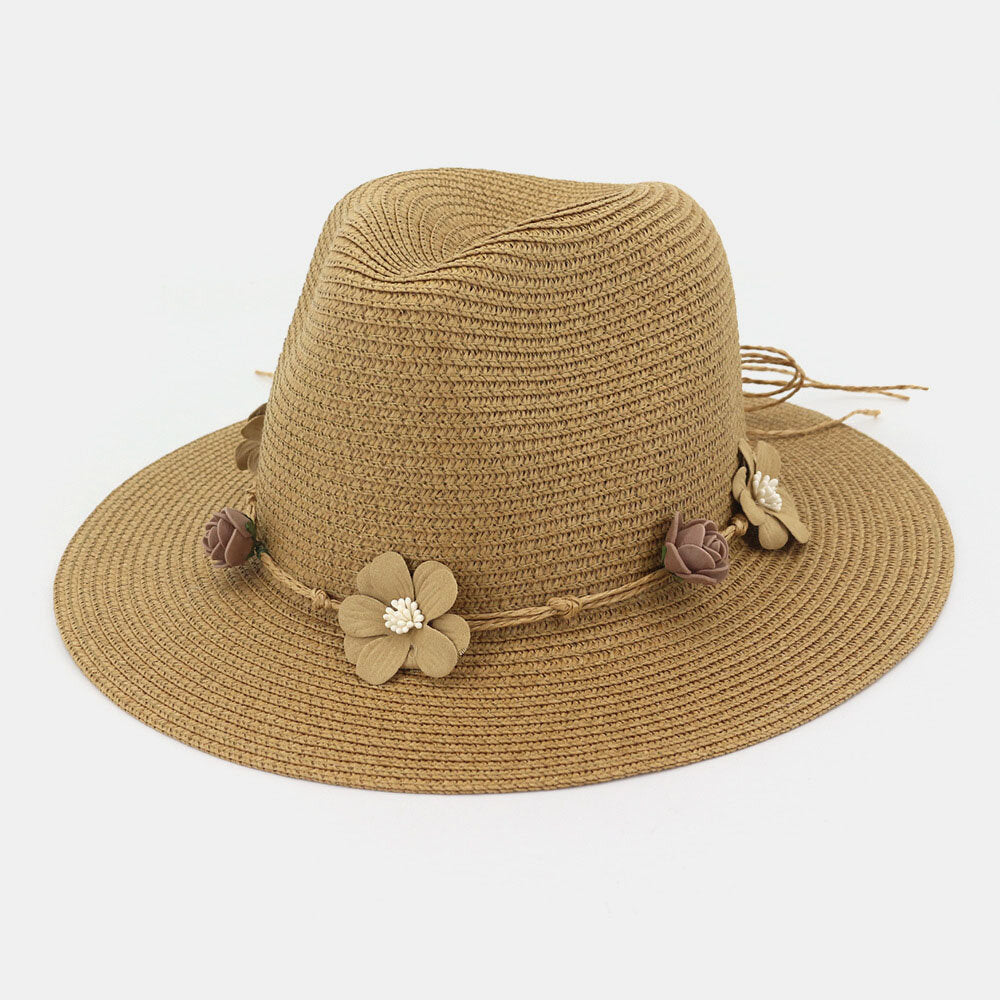 Sun Hat Womens Uv Protection Wide Brim Foldable Straw Hat Flower Decoration Elegant Beach Hat