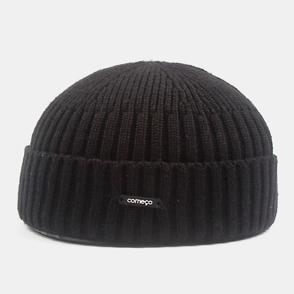 Unisex Knitted Solid Color Letter Label Dome All-match Brimless Beanie Landlord Cap Docker Cap