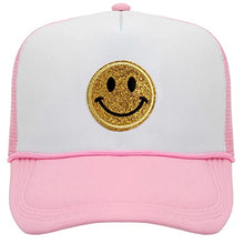 Load image into Gallery viewer, Yellow Glitter Smiley Face Trucker Hat,Adjustable Snapback Closure High Crown Foam Mesh Back Hats for Men and Women
