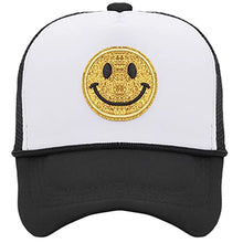 Lade das Bild in den Galerie-Viewer, Gelbe glitzernde Smiley-Trucker-Mütze, verstellbarer Snapback-Verschluss, hohe Krone, Schaumstoff-Mesh-Rückenmütze für Damen und Herren 
