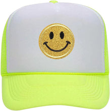 Load image into Gallery viewer, Yellow Glitter Smiley Face Trucker Hat,Adjustable Snapback Closure High Crown Foam Mesh Back Hats for Men and Women
